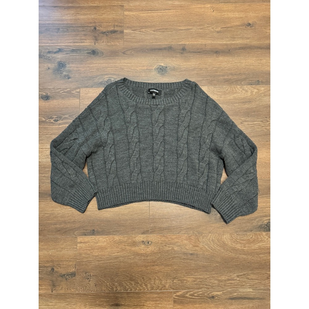 Express Womens Charcoal Gray Cable Knit Cropped Sweater Crew Neck Size XS